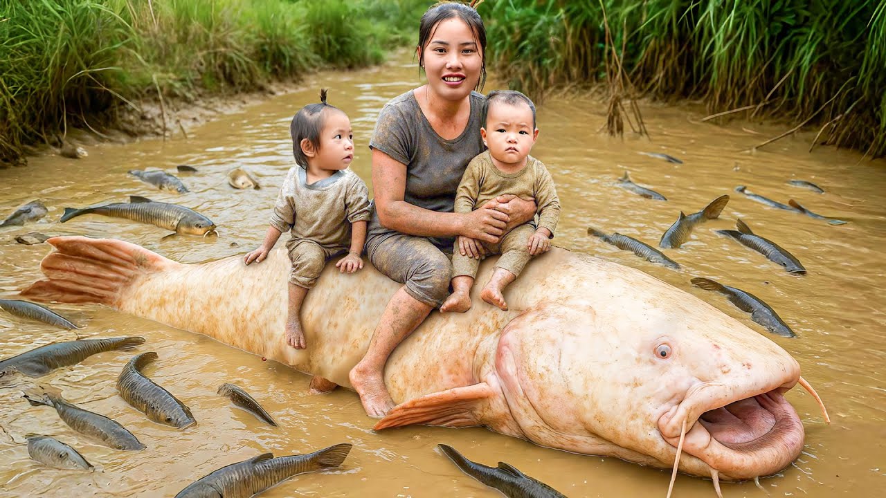 Catching 100kg+ Giant Catfish and Carp in the Mud by Hand to Sell at the Market, Cooking for Family