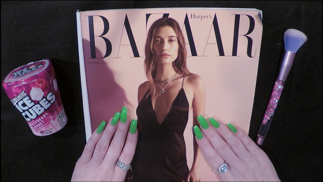 ASMR Gum Chewing Magazine Flip Through | Hailey Bieber | Whispered Page Turning
