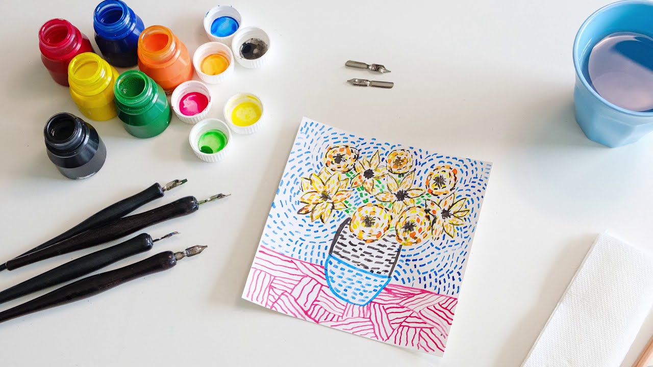 Van Gogh Inspired Dip Pen Sunflower Drawing - Artist Inspired Activity | Zart Art