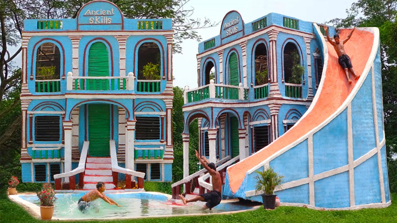 Amazing Lives In Forest! Build The Most Creative Mud Villa And Pretty Water Slide To Swimming Pool