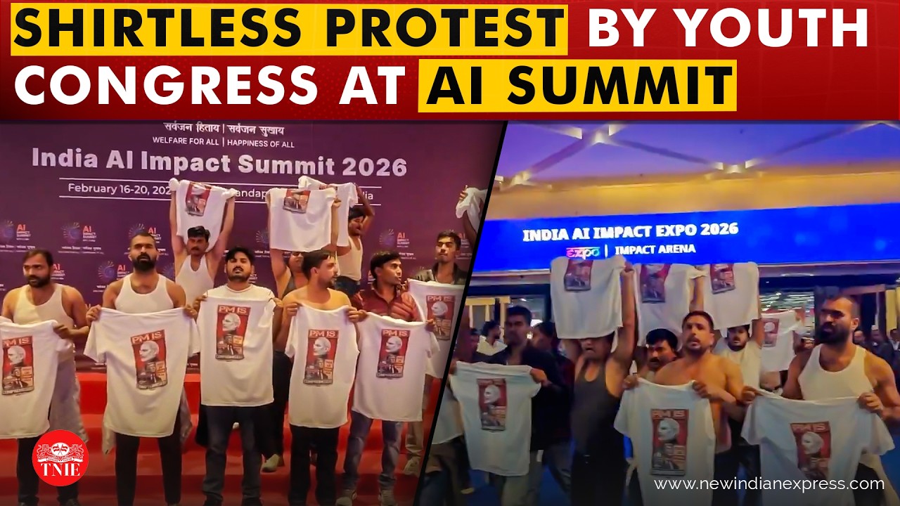 Youth Congress workers protest shirtless  at AI Summit in Delhi