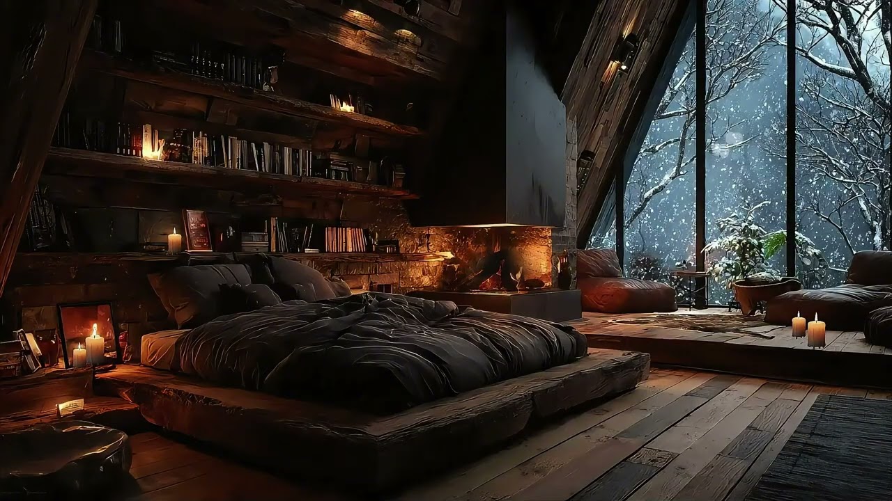 📚Cozy Book-Lined Home | Piano Music & Fireplace Sounds