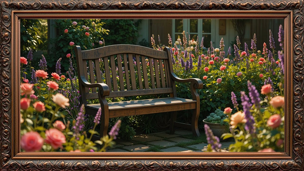 Wooden Garden Bench Surrounded by Flowers 🌿 | Romantic Garden Retreat | Framed TV Gallery
