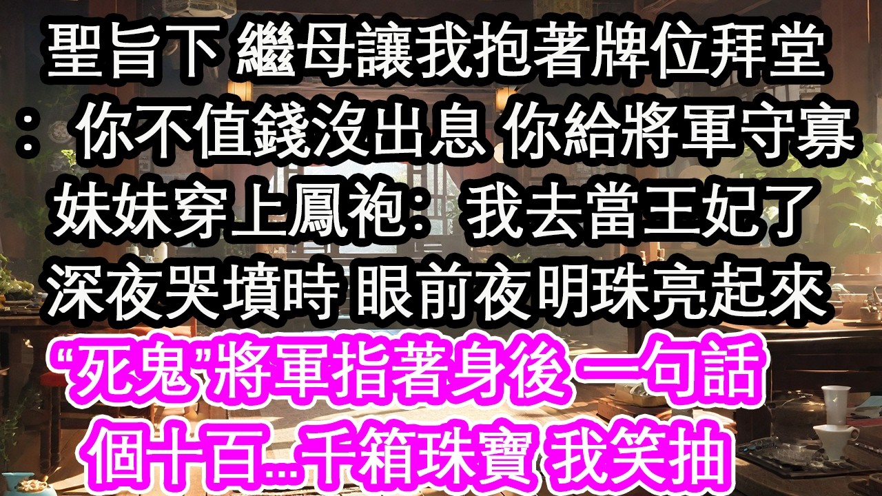 聖旨下 繼母讓我抱著牌位拜堂：你不值錢沒出息 你給將軍守寡妹妹穿上鳳袍：我去當王妃了深夜哭墳時 眼前夜明珠亮起來“死鬼”將軍指著身後 一句話個十百...千箱珠寶 我笑抽【花開】【愛情】【生活】