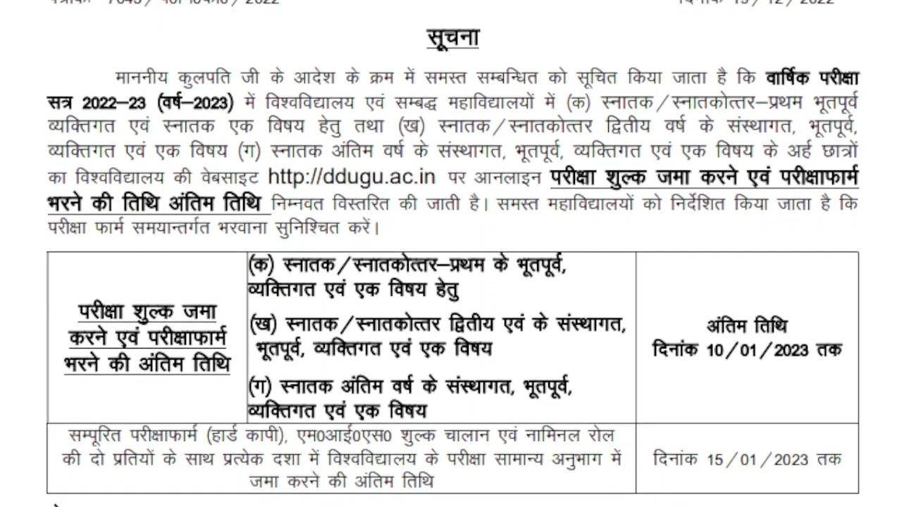 Annual Examination Form Last Date Extended || DDUGU Gorakhpur