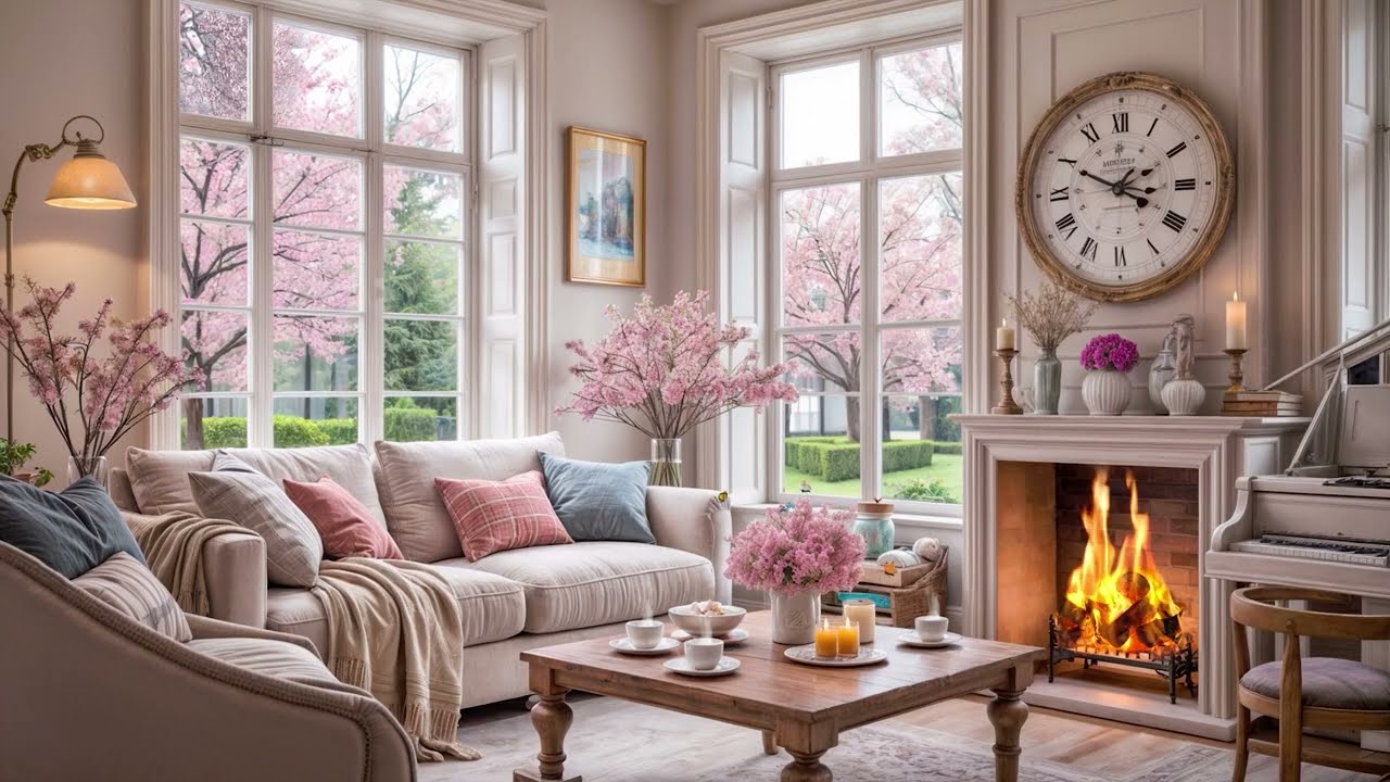 Gentle Spring Morning | Cozy Living Room with Peaceful Piano Music & Warm Fireplace to Study, Work