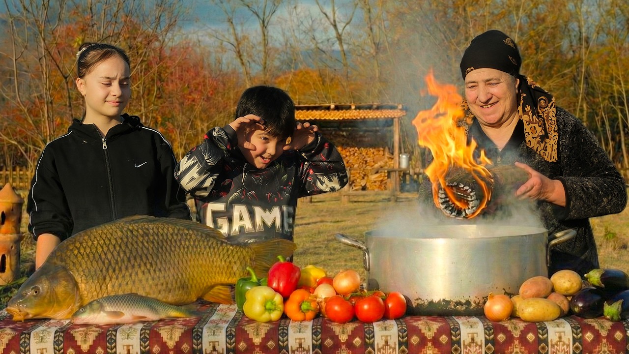 Primitive Fire Log Cooking: Grandma's Giant Fish Recipe | Secret Village Technique ASMR
