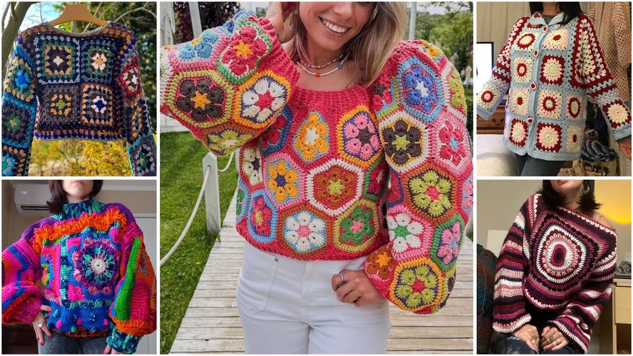 Most beautiful granny crochet square pattern sweater cardigan designs