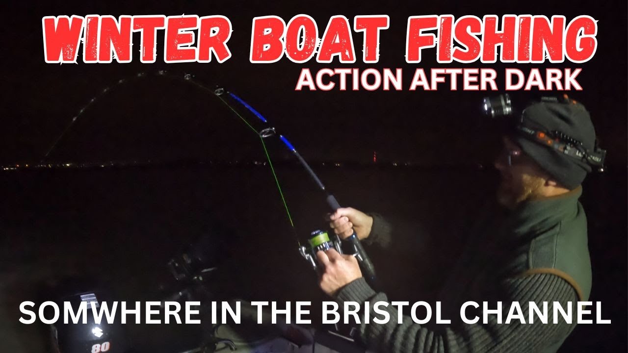 UK BOATFISHING OFFSHORE ACTION AFTER DARK SOMWHERE IN THE BRISTOL CHANNEL NIGHT FISHING.