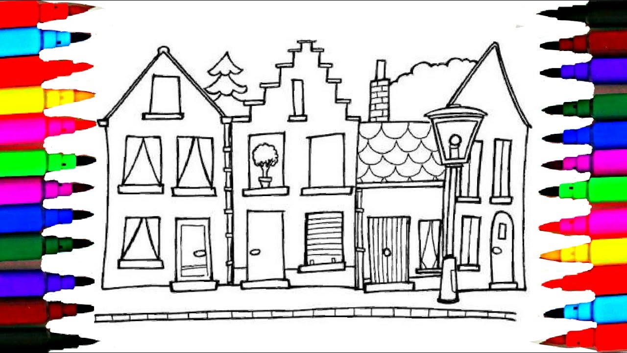 How To Draw Neighboring Houses Coloring Pages l Kids Colorful Dolls' Houses Coloring Drawing Pages