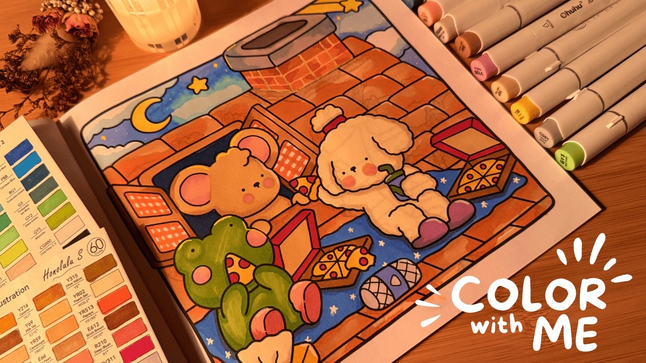 color with me & gaze at the night sky 🌙✨ cozy friends by coco wyo | ohuhu markers | adult coloring