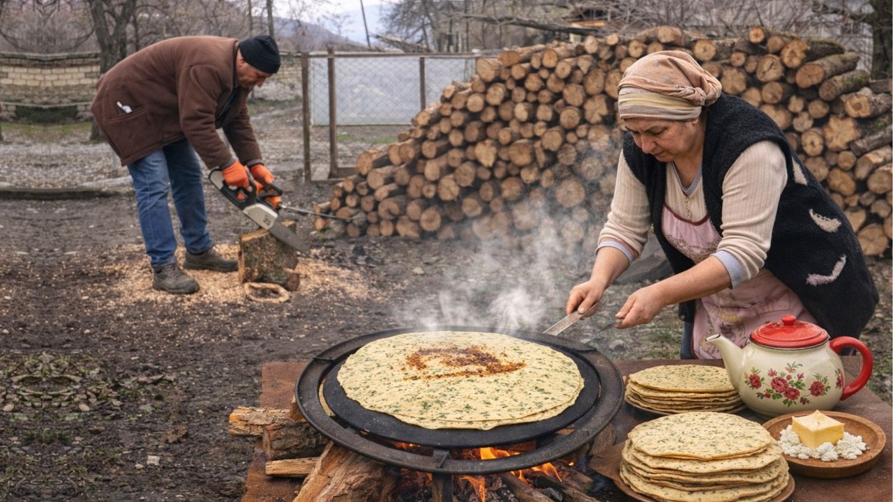 Традиционный зеленый лаваш: жарка сладкого хлеба на дровах 🔥