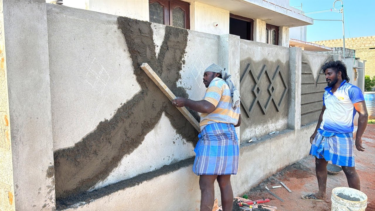 Techniques of Plastering Creative Compoudwall Border Design Accurately with Cement Mixer
