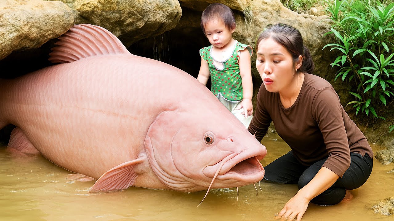 Harvesting Giant School of Carp and Tilapia by Bare Hand to Sell at Market with Single Mom