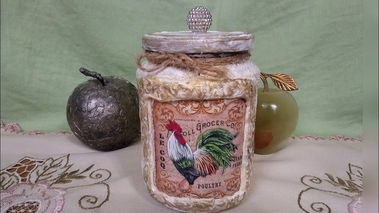 Идея декора стеклянной банки своими руками. Декупаж. Поделки DIY Glass jar decor.