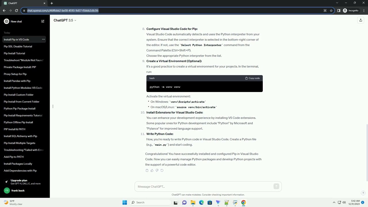 installing pip visual studio code