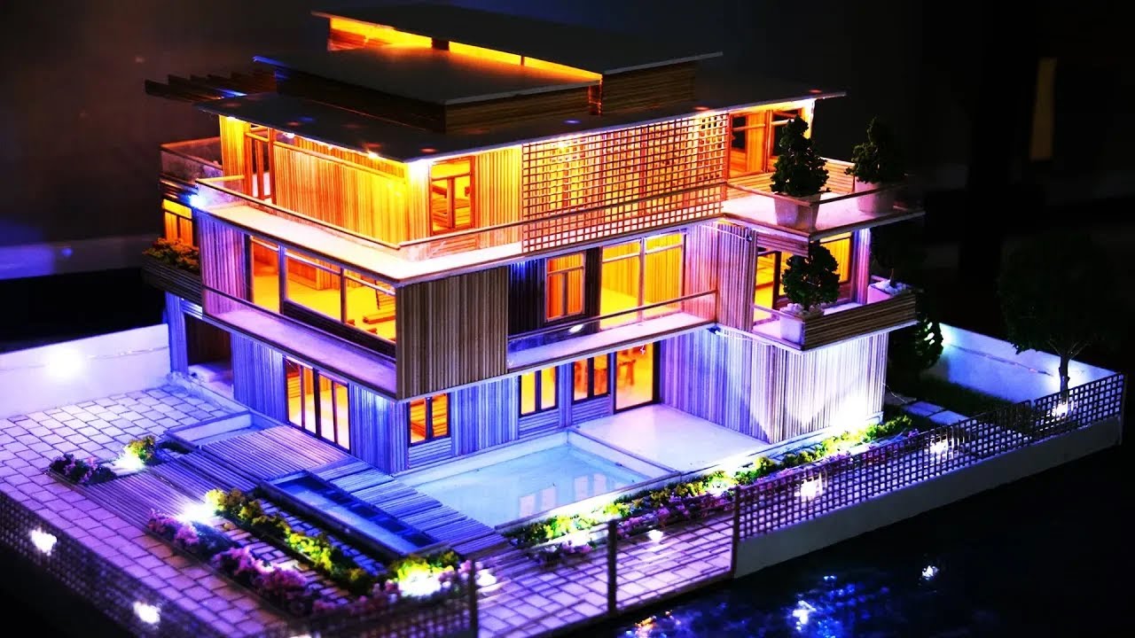 Cách làm biệt thự tăm tre 3 tầng với đèn LED, hồ bơi và cây cảnh