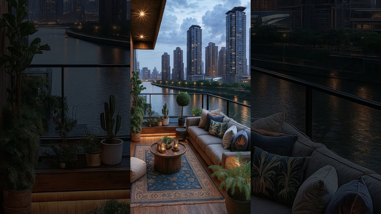 Urban balcony vibes ✨ #rusticarchitecture  #cozycorner #balconydesign #cityview #eveningvibes #home