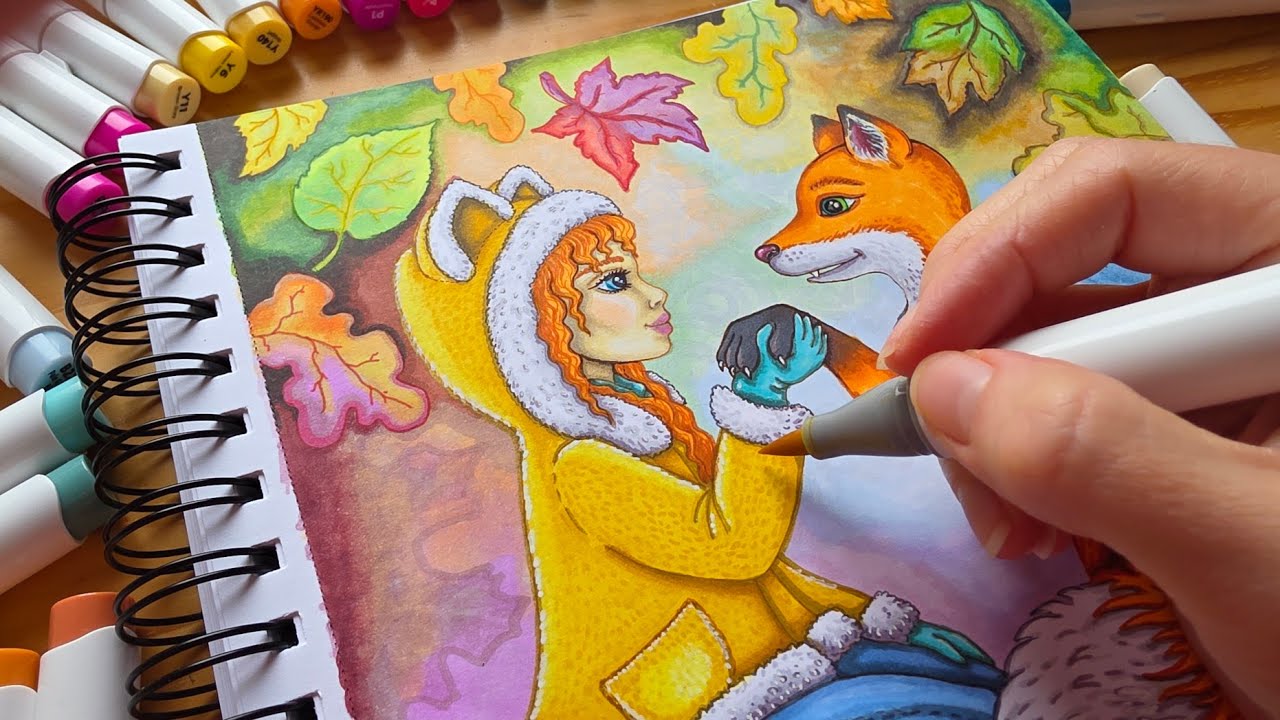 Рисование и раскрашивание ДЕВОЧКИ С ЛИСОЙ - маркерами