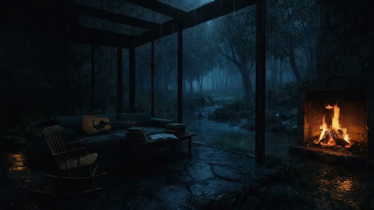 Dark Room Fireplace & Rain Sounds 🌧️ Cozy Cabin Night for Sleep Relax Study