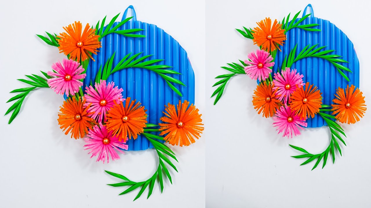 hiasan dinding dari sedotan dengan bunga sederhana | DIY wall decoration with flowers straw