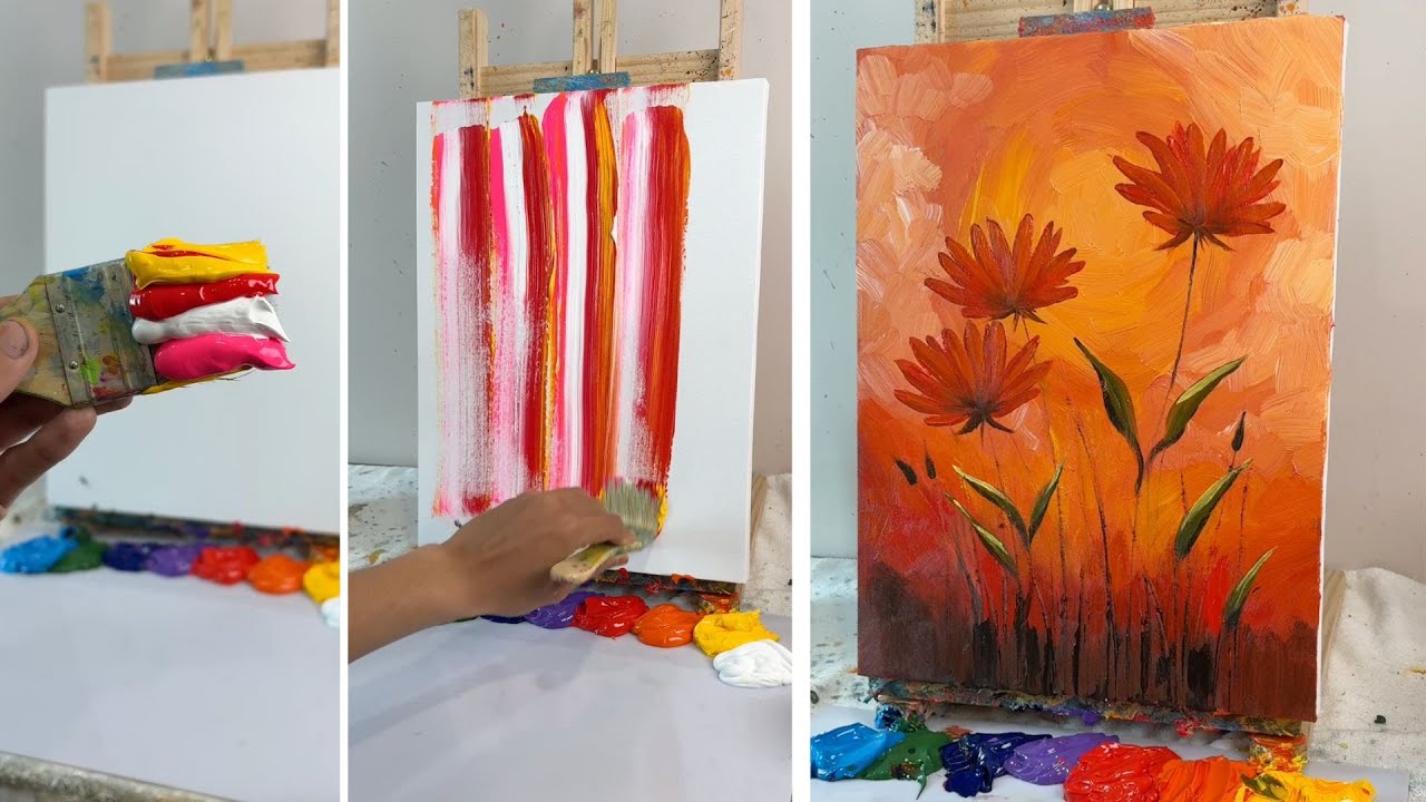 Fiery Sunset Floral Painting | Acrylic Art Tutorial for Beginners #047