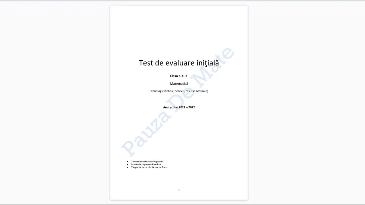 Test evaluare initiala clasa a XI-a - Tehnologic - Model Pauza de Mate