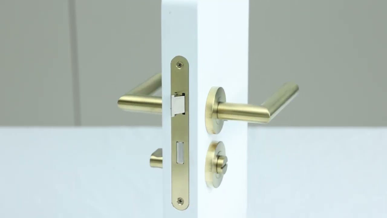 Door handle Luna round 20mm angled with a screw rosette brushed brass DB159