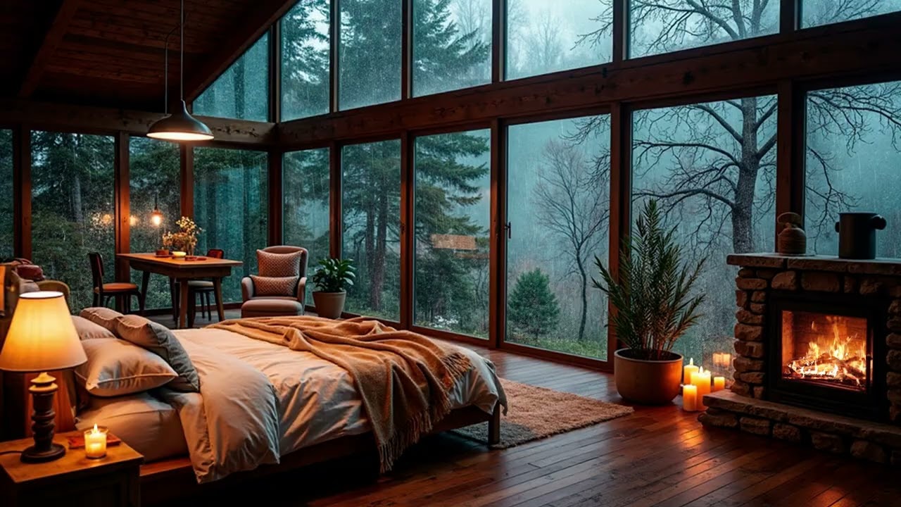 Rain Sounds in a Panoramic Forest Glass Bedroom | Warm Fireplace Night Ambience