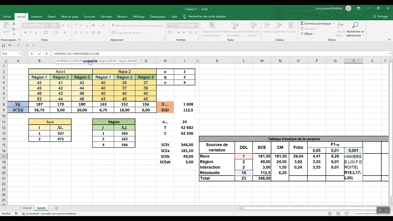 ANOVA 2 Etape par Etape sur Excel (2/2)