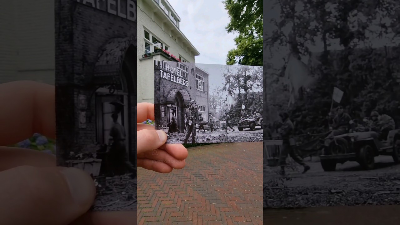 Then & Now | German Soldier standing guard at Hotel Tafelberg in Oosterbeek.  (Theirs is the Glory)
