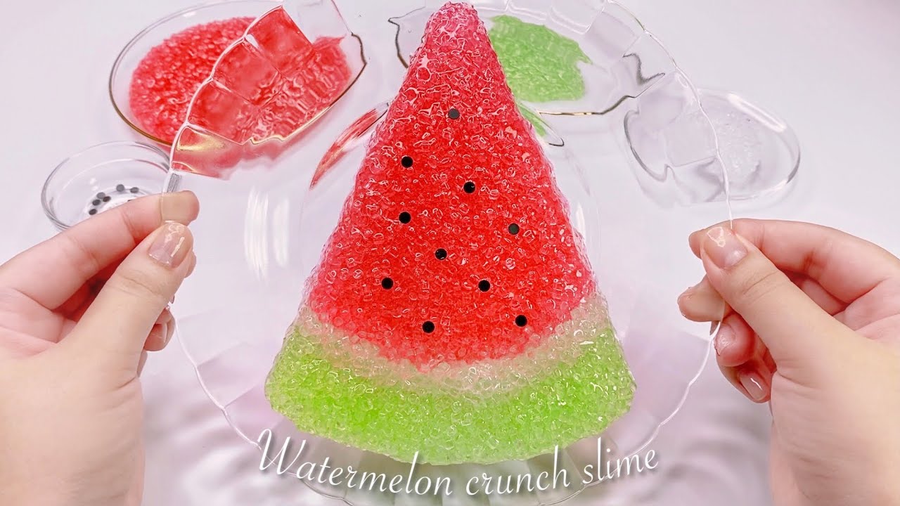 【ASMR】🍉ザクザク🔪スイカのクランチスライム🍧【音フェチ】Watermelon crunch slime 수박 비즈 슬라임