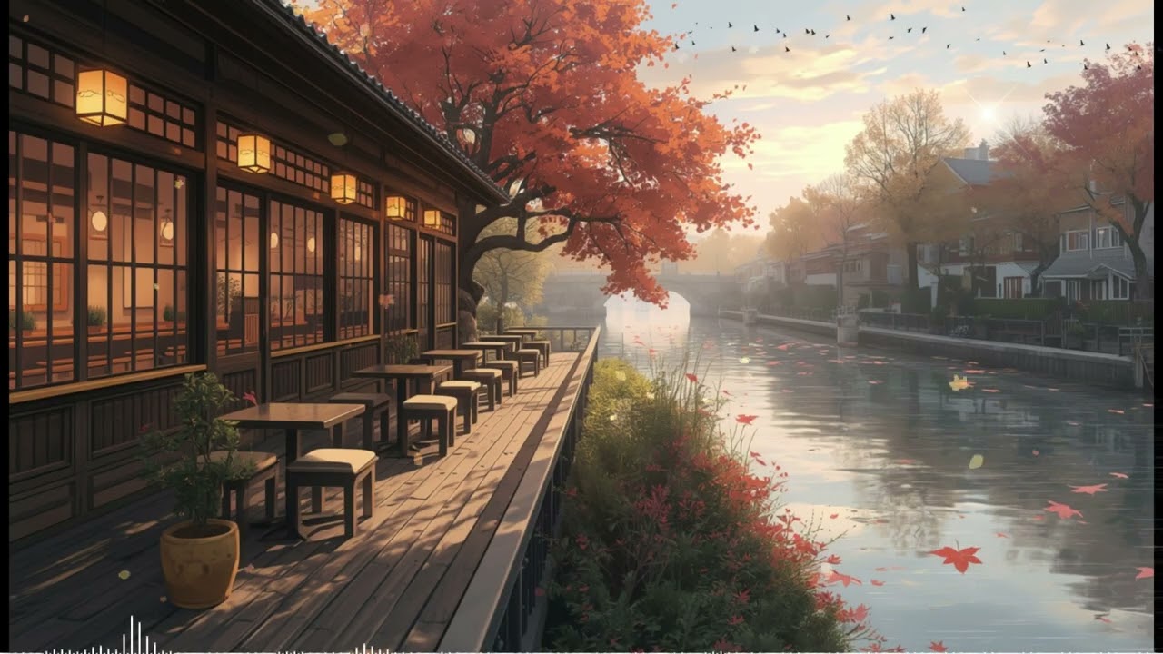 “Cozy Japanese Riverside Café – Warm Autumn Anime Scene (4K Lofi Jazz Ambience)”