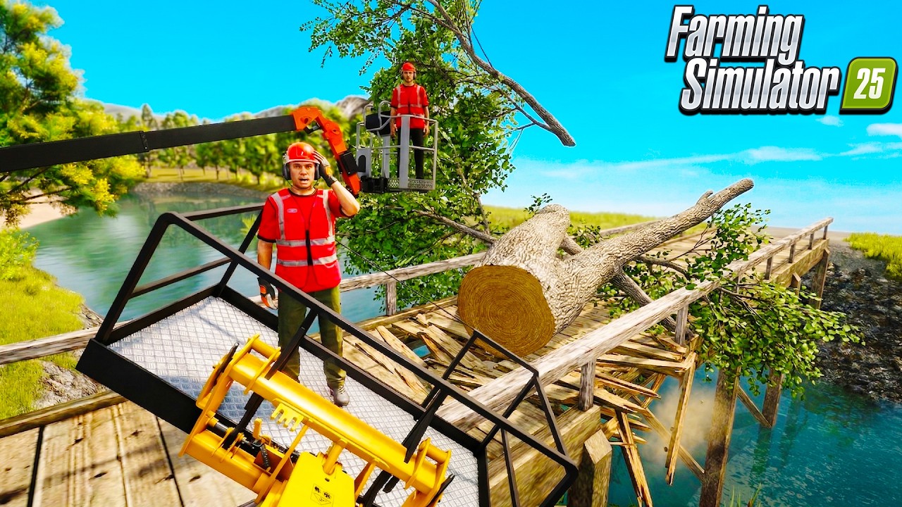 TREE TRIMMER CLEANS UP MASSIVE TREE ON BRIDGE! | FARMING SIMULATOR 25