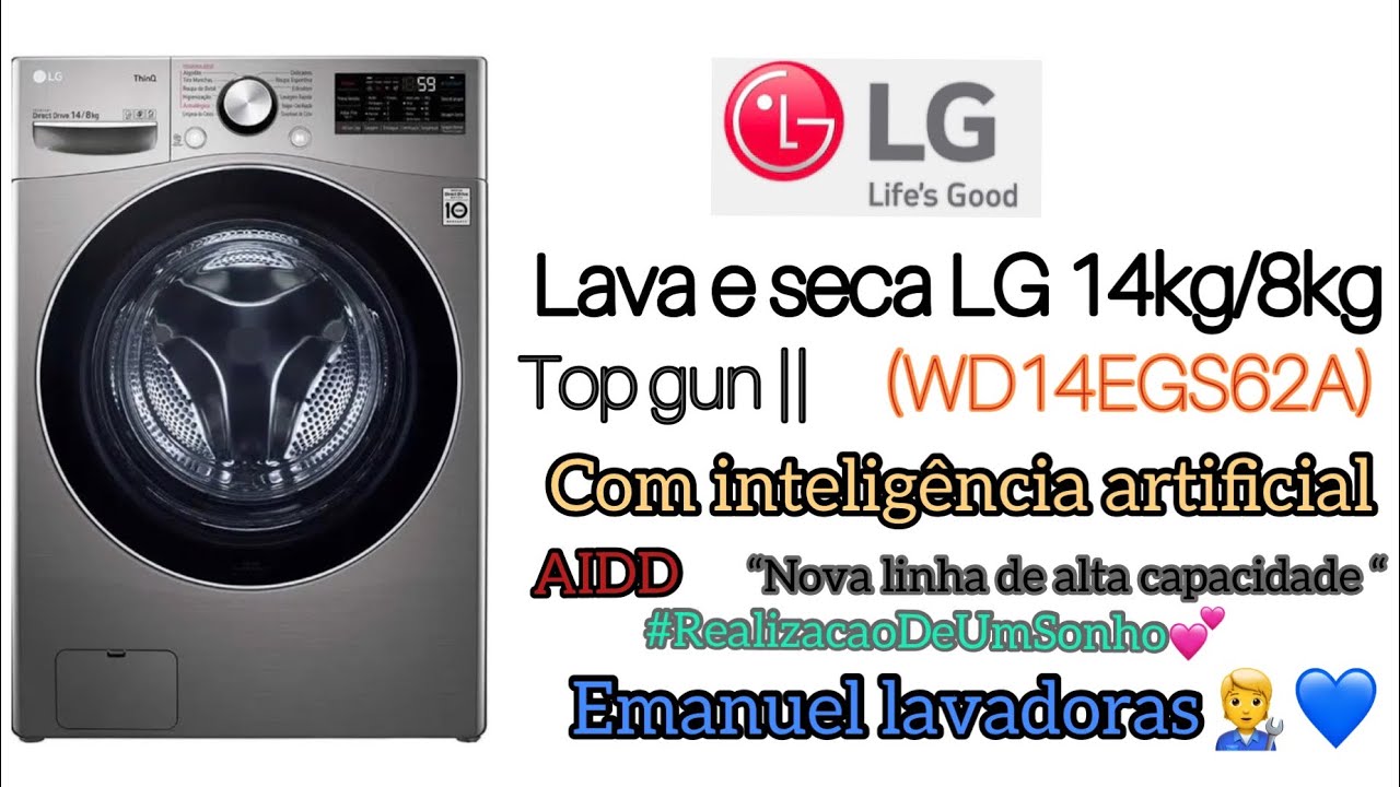 Lava e seca smart LG com inteligência artificial AIDD 14kg/8kg (WD14EGS62A) roupas do dia a dia 💖