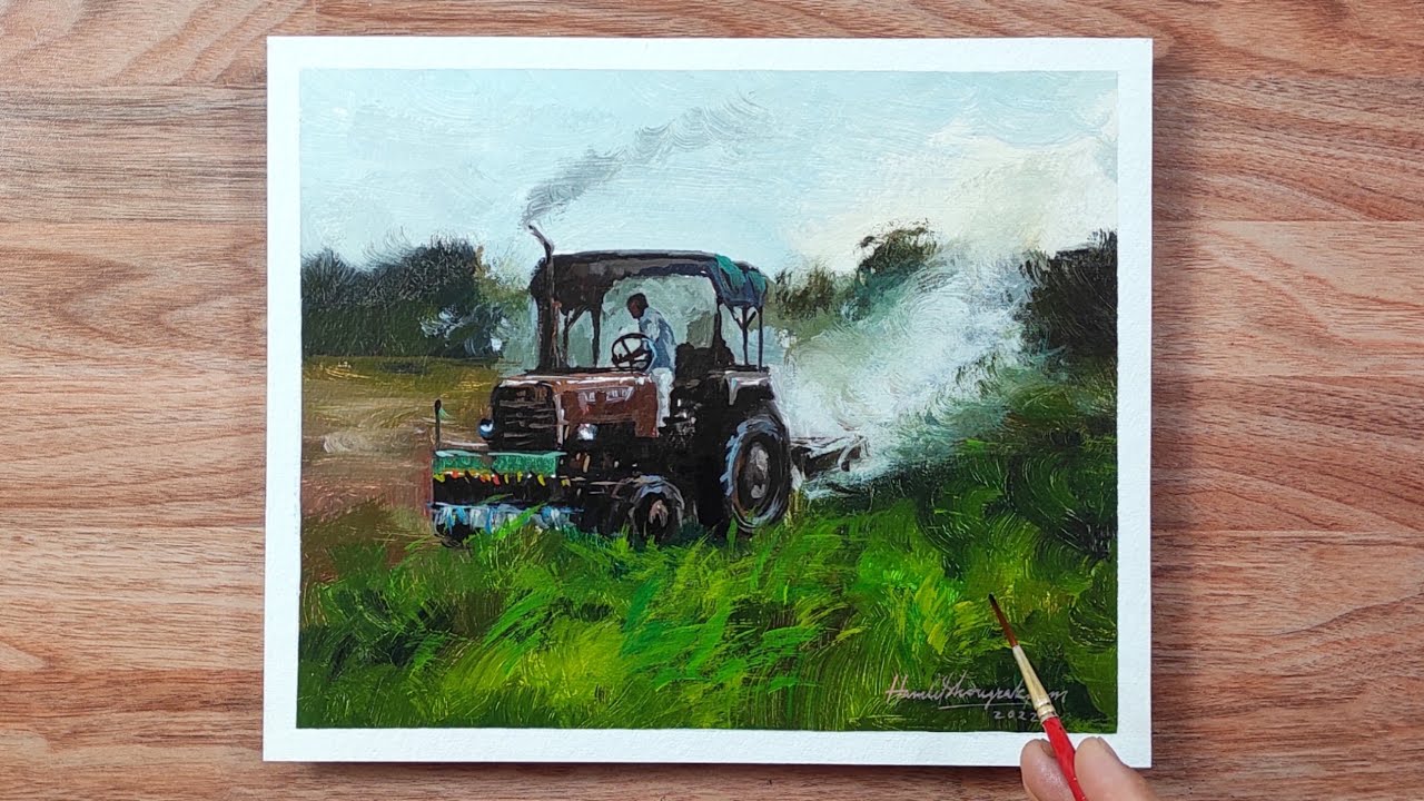 Beautiful Farming Landscape Painting 🎨🚜🌳🌾🌥 with color names/Acrylic on Paper/ Hamlet Shougrakpam Art