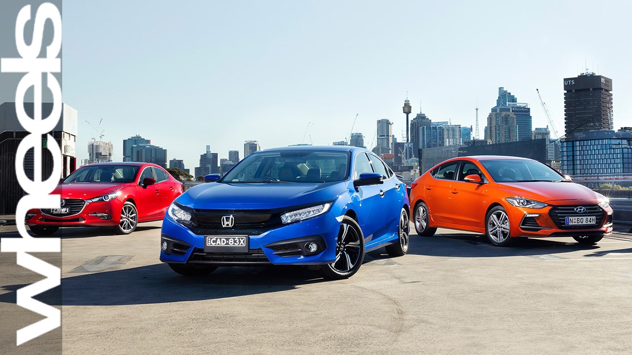 2016 Honda Civic vs Hyundai Elantra vs Mazda 3 review | Car Comparisons | Wheels Australia