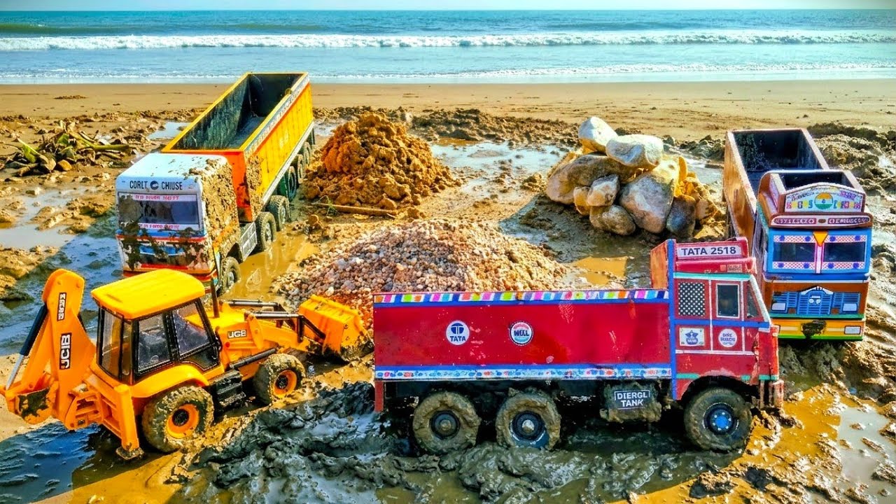 3 Trucks Stuck in Mud & Water! JCB 3DX & Tractor Rescue Action | Heavy Load Toy Story | MJ TOYS😍