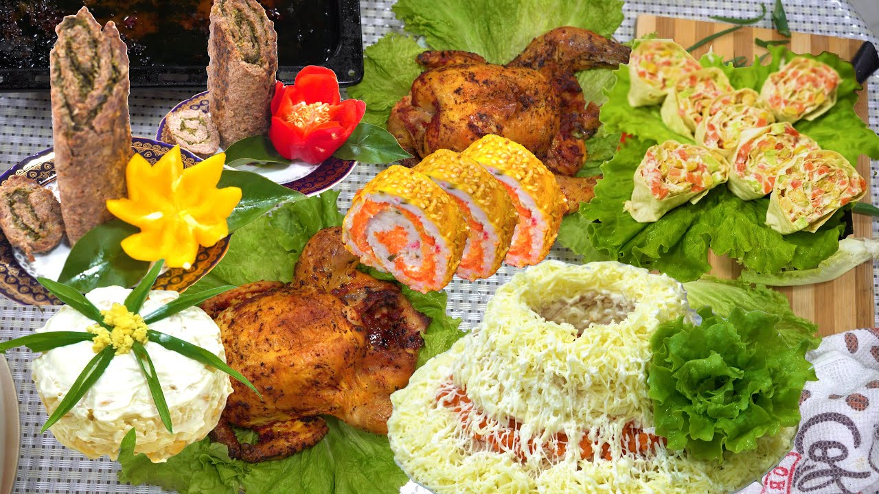 5 Вкусных Салатов + Блюдо + Закуски + Суши Для Праздничного стола