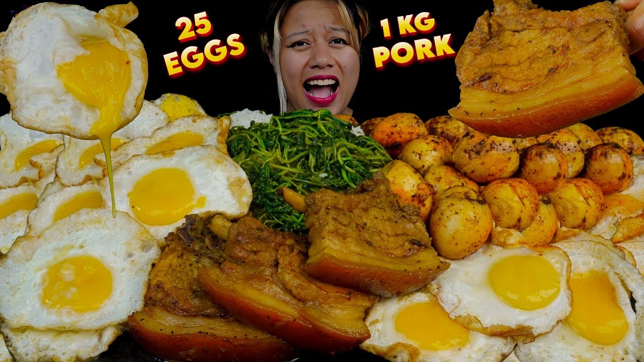 Massive 25 boiled and sunny side up eggs and almost 1kg pork with rice mukbang|| Massive eating 😱😱