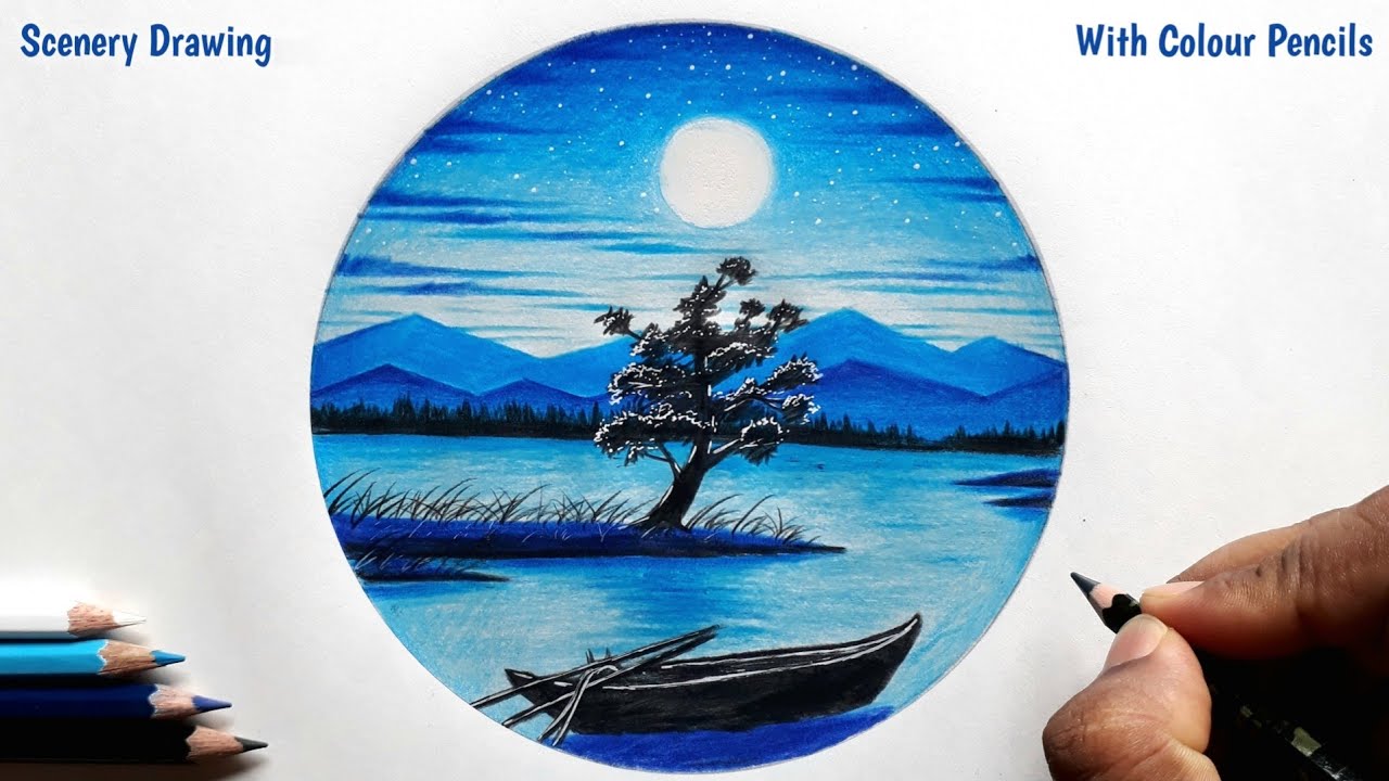 Pencil Colour Drawing - Of Moonlight Scenery | Easy Landscape Scenery - colour pencil drawing