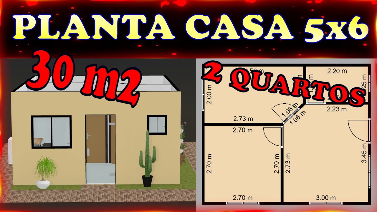 Planta Casa 5x6 - 30 m&sup2; com 2 Quartos e Cozinha Americana