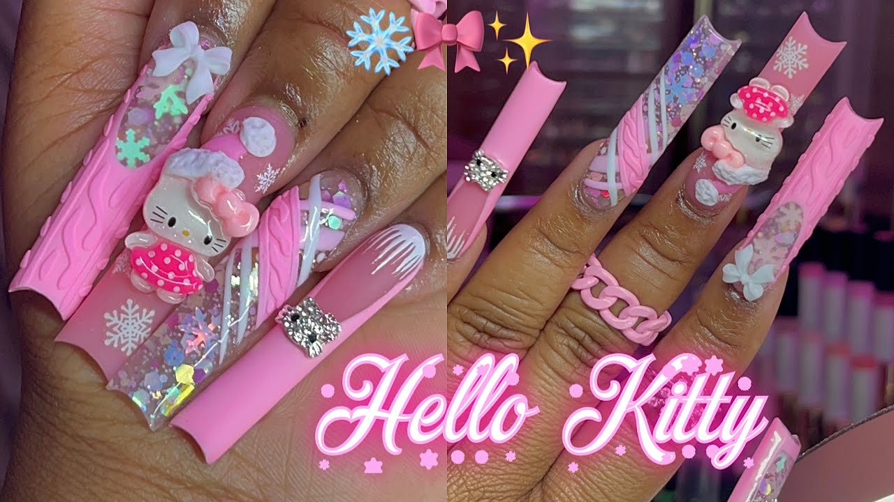 PINK HELLO KITTY WINTER NAILS 🎀❄️✨💗 | HOW TO 3D SANTA HAT ✨ FULL NAIL TUTORIAL