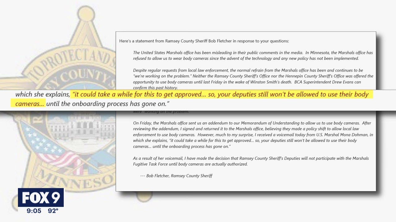 Ramsey County Sheriff says deputies will not serve on U.S. Marshal task force until body cameras all