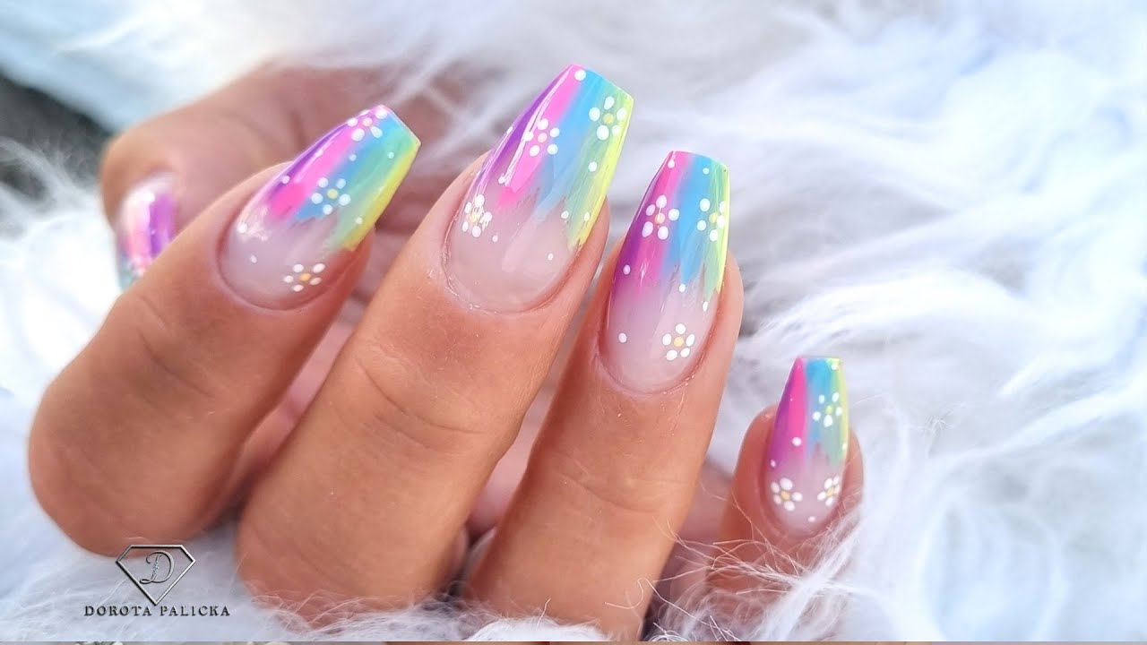 French Twist Nails. Gel rebalance step by step with rainbow twist french and daisy flowers nail art