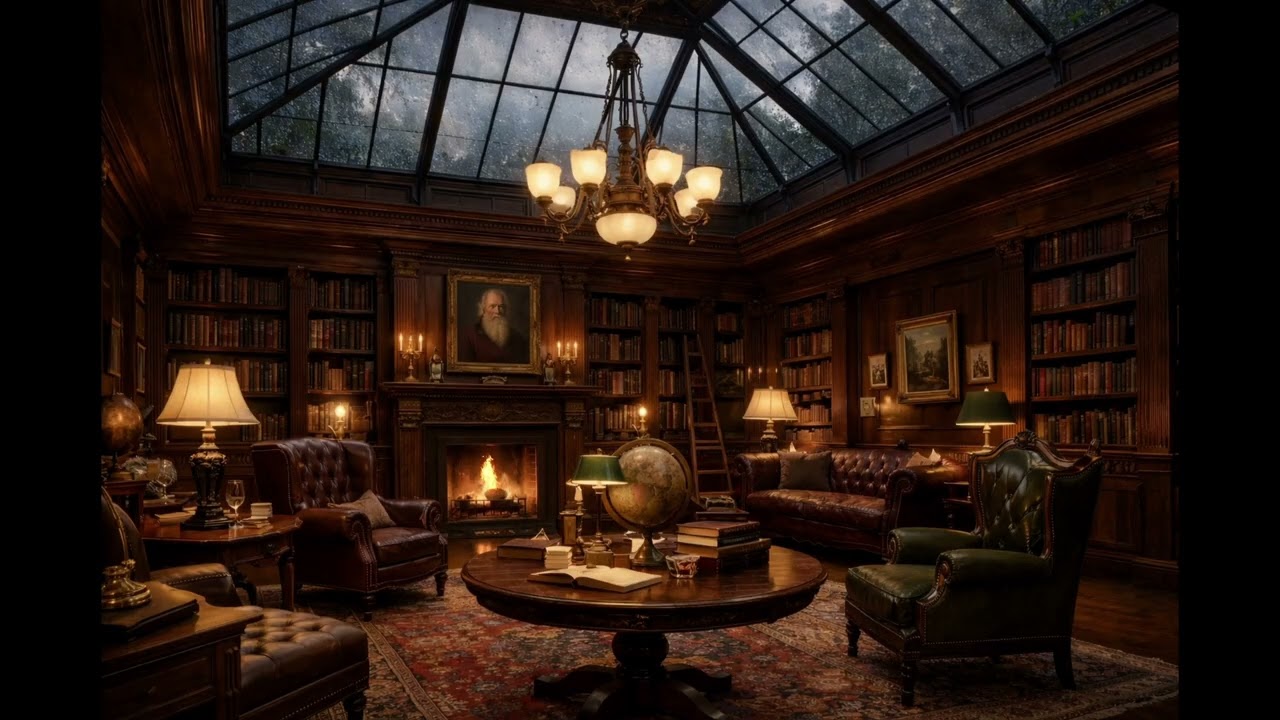 Dark Academia Library Ambience | Rain on Skylight & Crackling Fireplace [3 Hours]