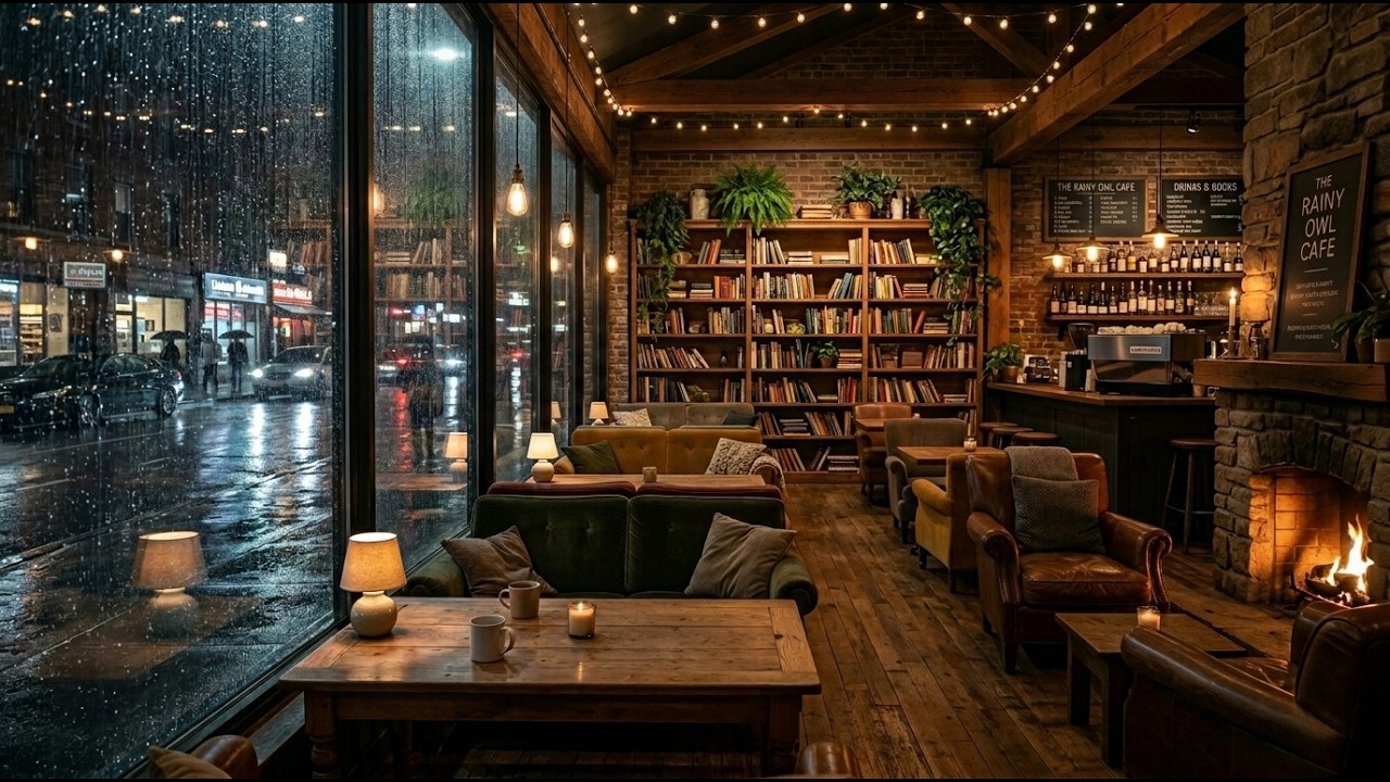 Soft Rainy Spring Jazz ☕ Coffee Shop Ambience with Fireplace for Focus, Study & Relax