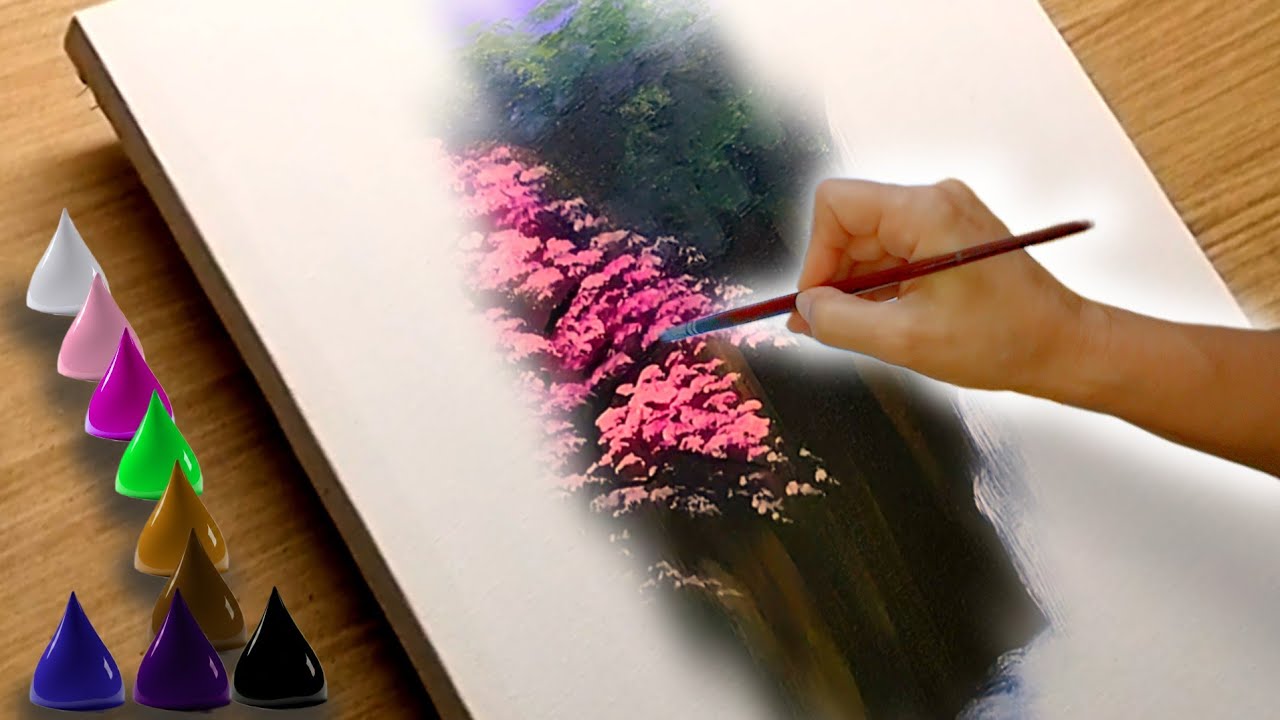 Landscape with Waterfall on a Calm Night | Idea on How to Paint with Acrylic Paint | Step by Step