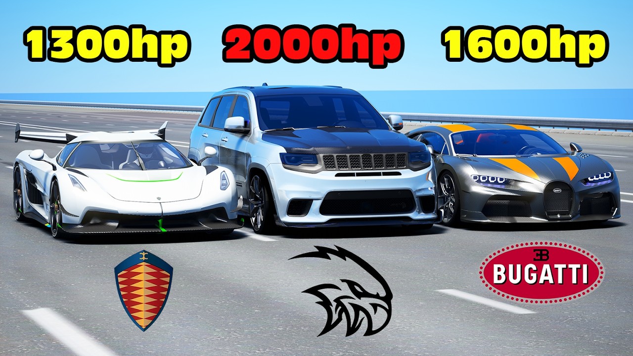 2000HP SRT Trackhawk vs Bugatti Chiron SS vs Koenigsegg Jesko DRAG RACE