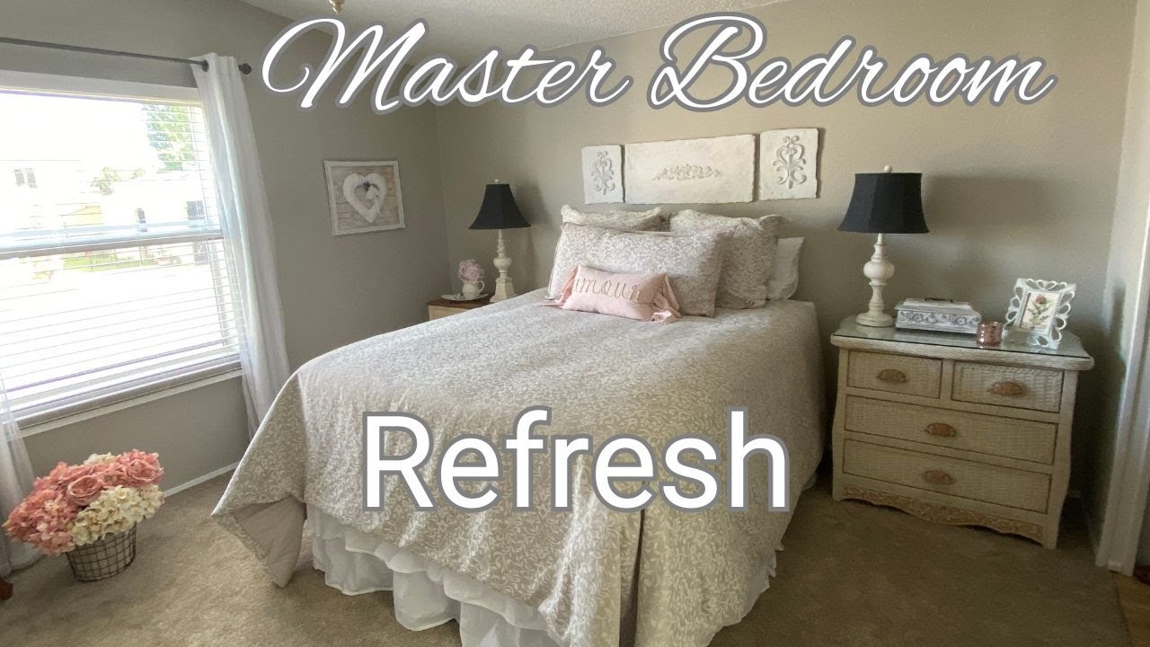 Master Bedroom Refresh/French Farmhouse/Cottage/Decorate with Me/Paint, New Carpet, New Curtains +
